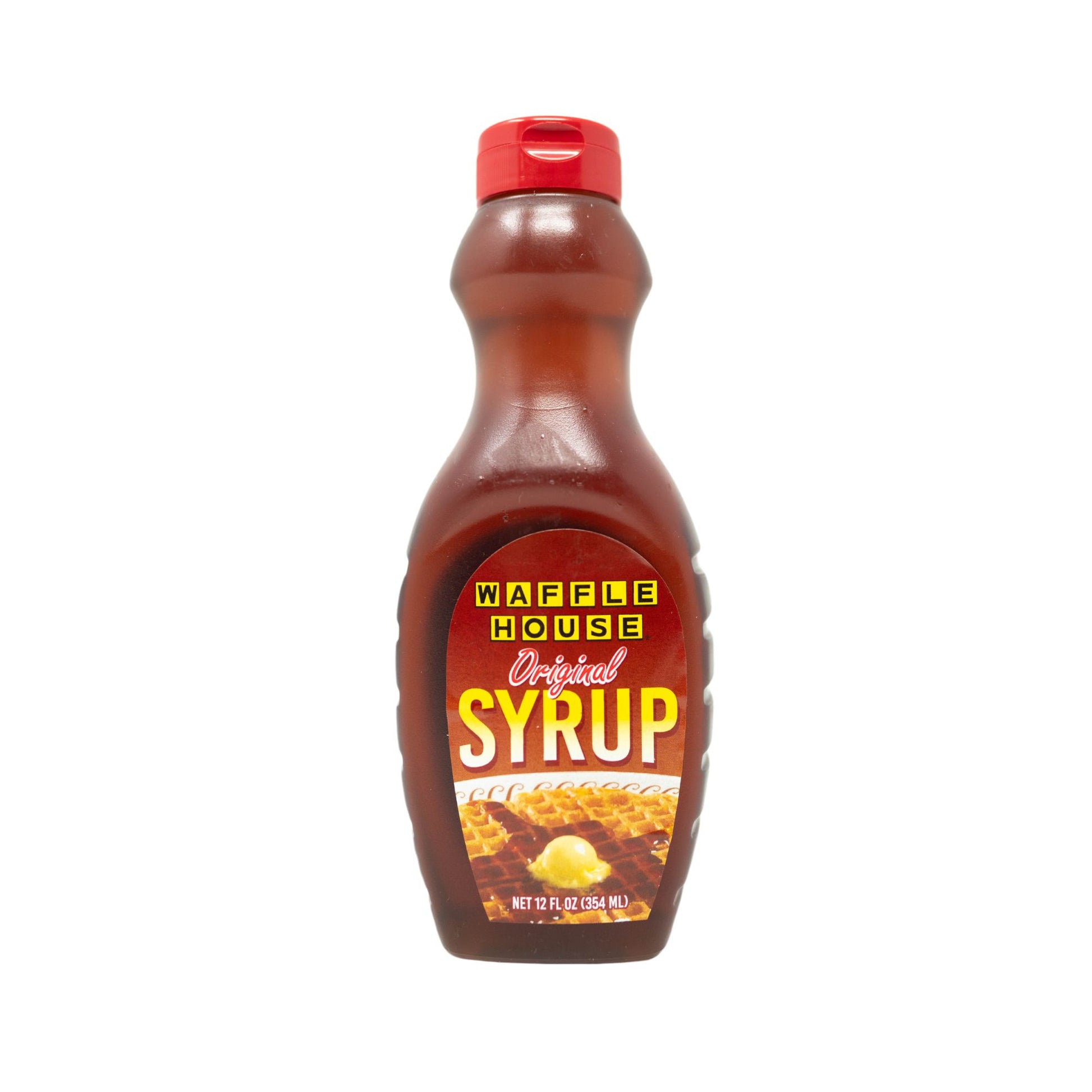 plastic bottle of syrup with red cap and Waffle House label
