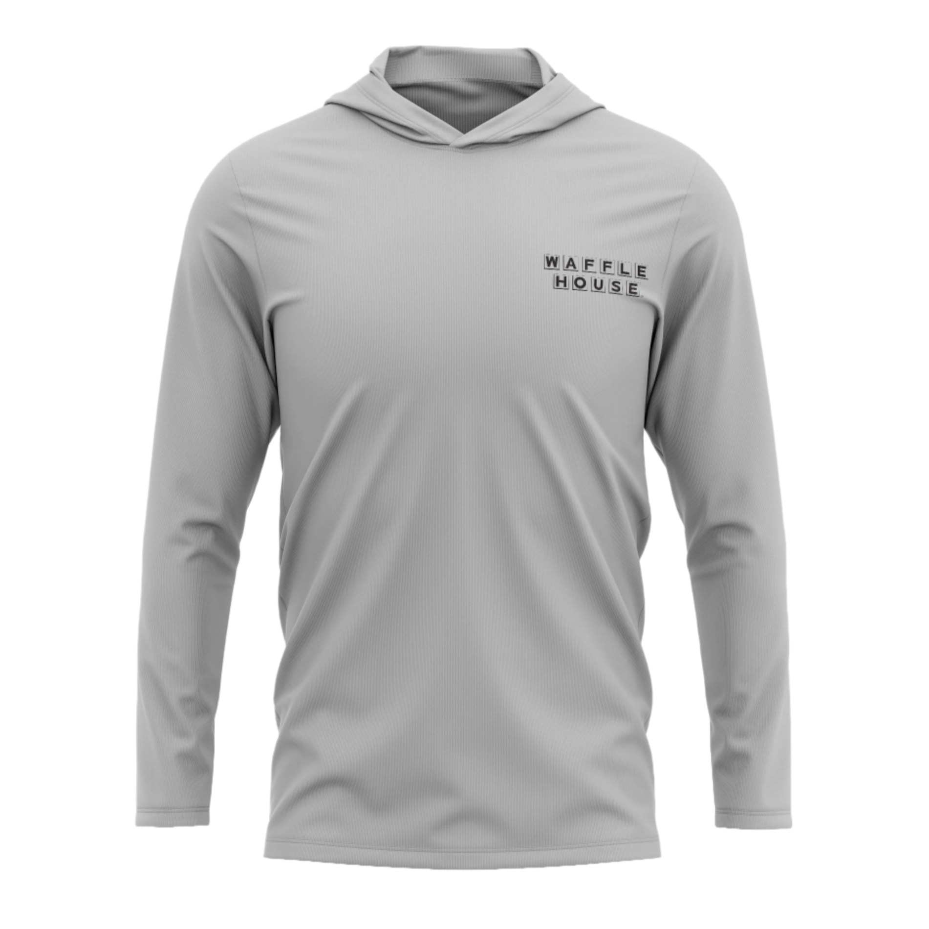 Gray hoodie with 'Waffle House' logo on a white background