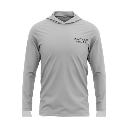 long sleeve grey hooded t shirt with black Waffle House logo on left chest