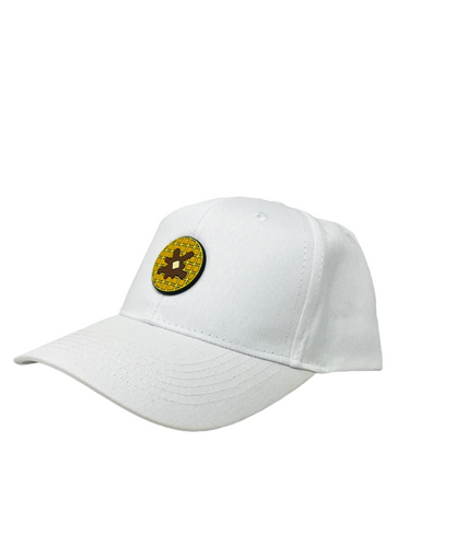White cap with a yellow and black logo on a white background