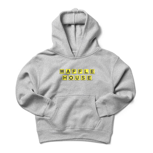 front of grey hooded sweatshirt with Waffle House logo in yellow and black on chest