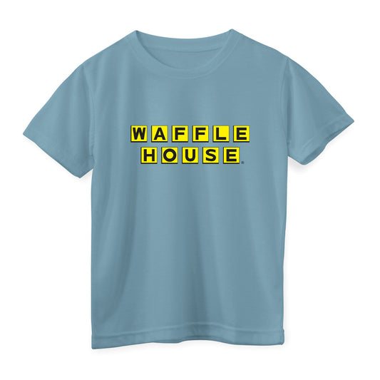 turquoise color youth t-shirt with Waffle House logo on front