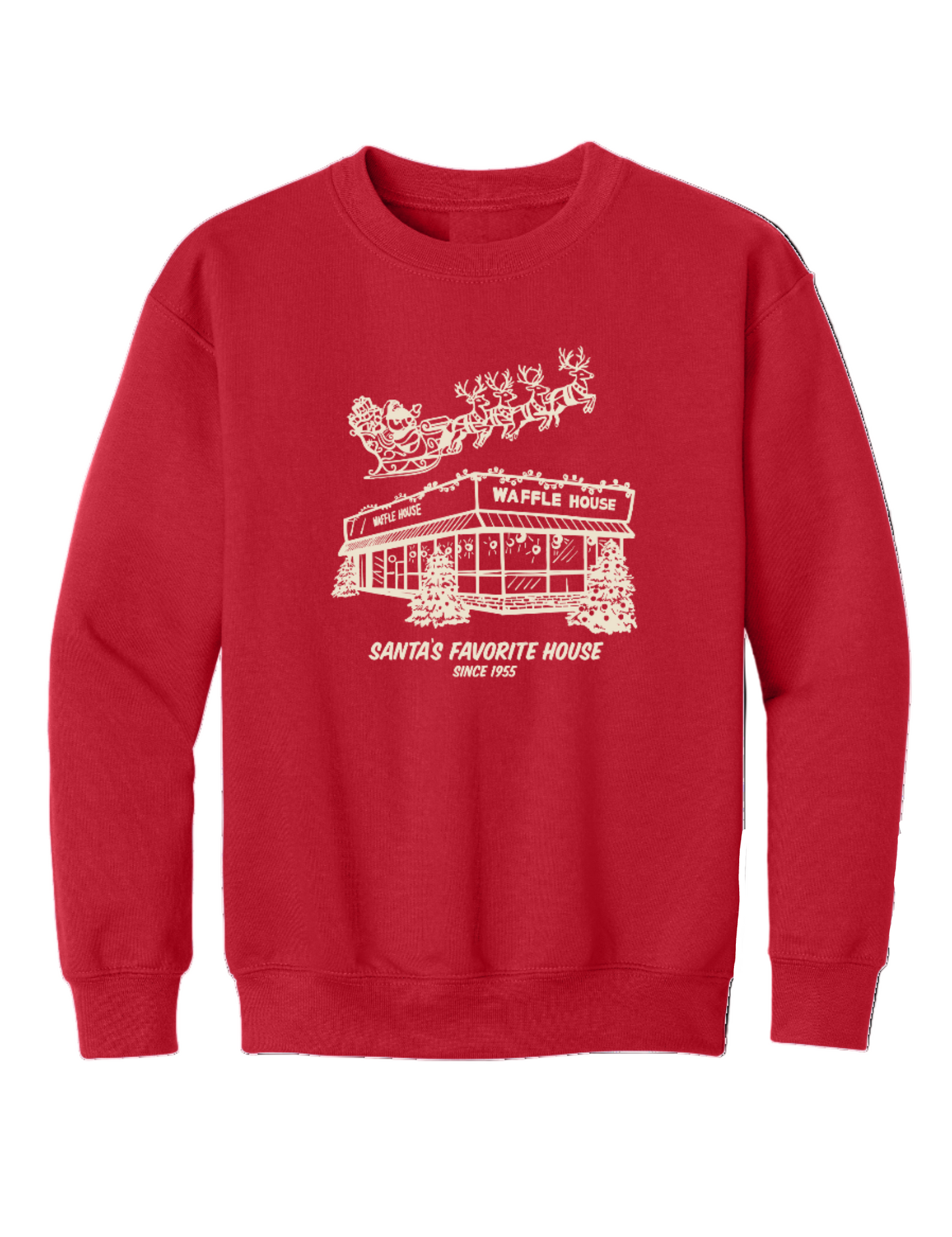 Youth red sweatshirt featuring a cream-colored drawing of a snowy Waffle House with Santa and his reindeer flying overhead, along with the words “Santa’s Favorite House Since 1955.