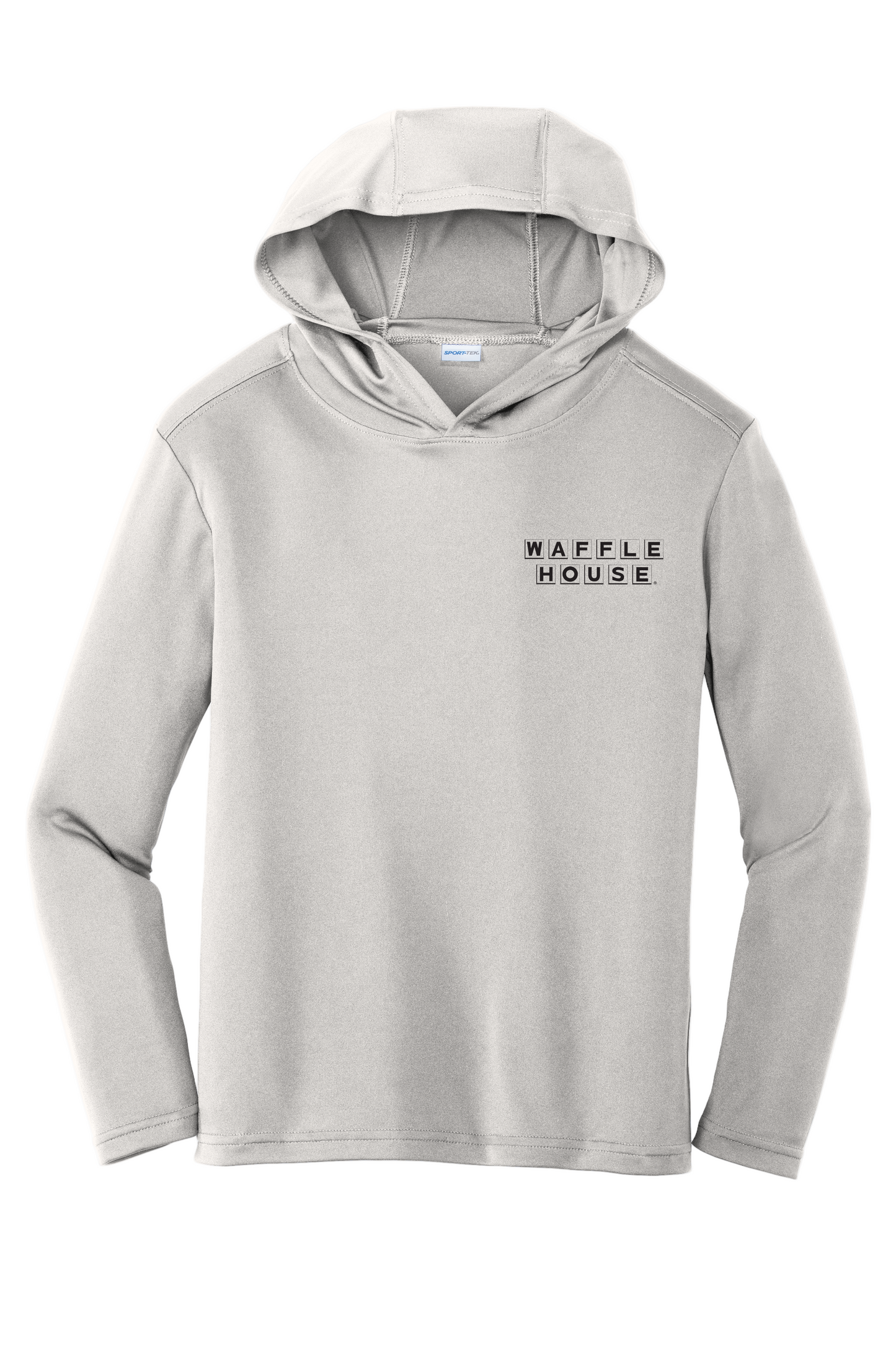 youth long sleeve grey hooded t shirt with black Waffle House logo on left chest