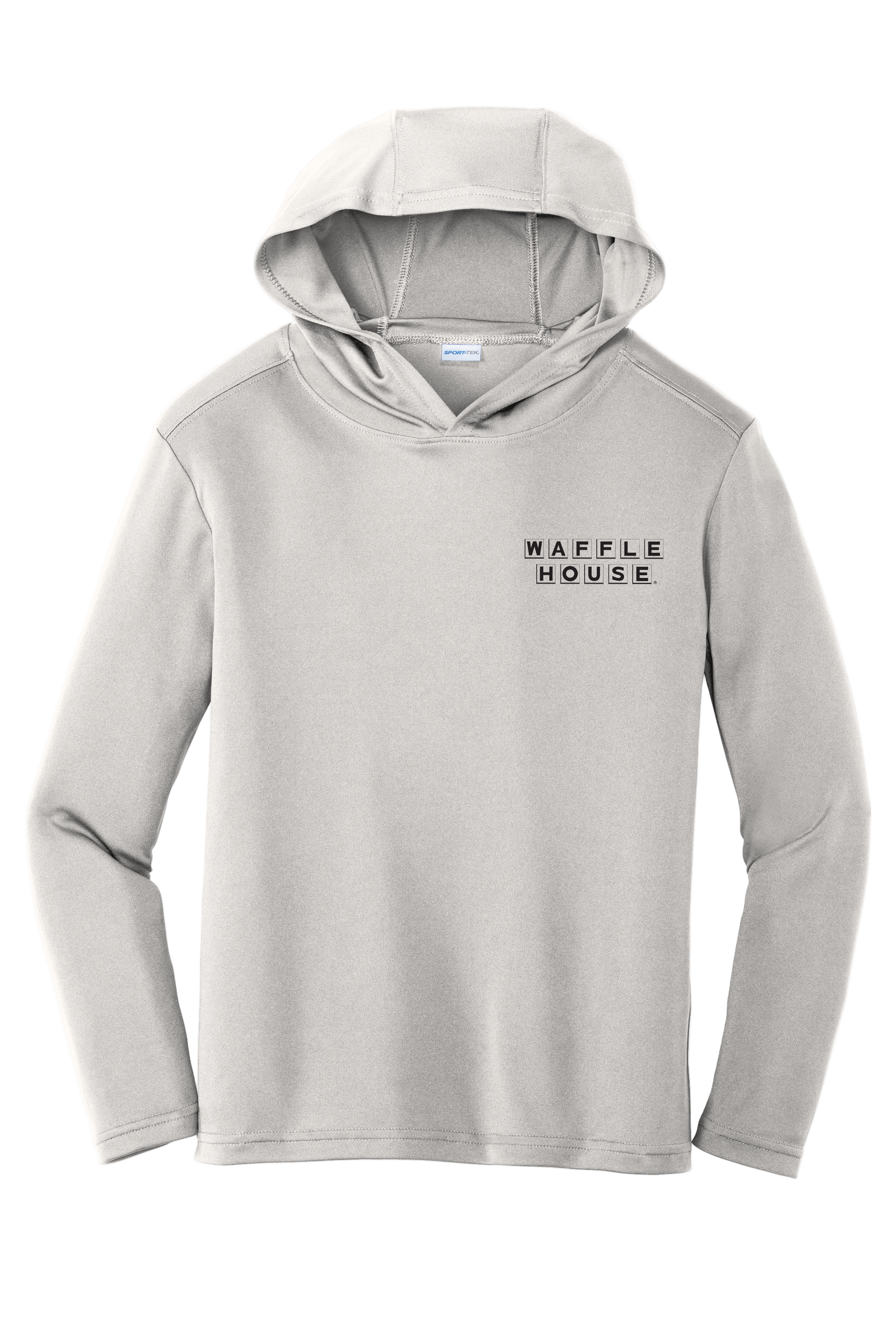 youth long sleeve grey hooded t shirt with black Waffle House logo on left chest