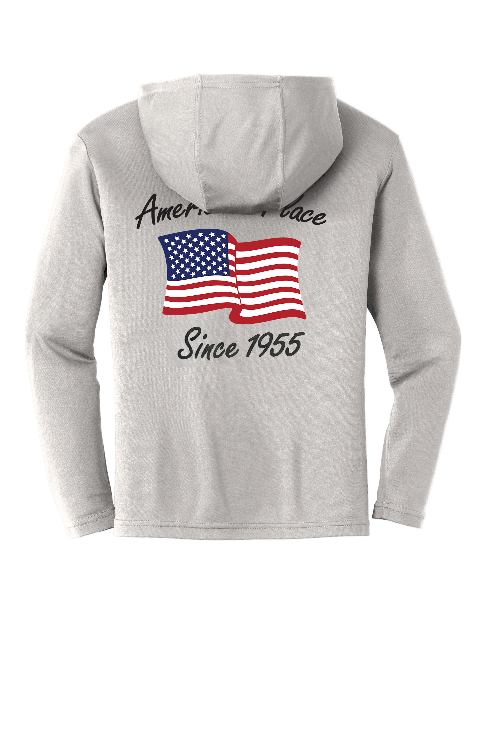youth long sleeve grey hooded t-shirt with America's Place Since 1955 in black and the American Flag