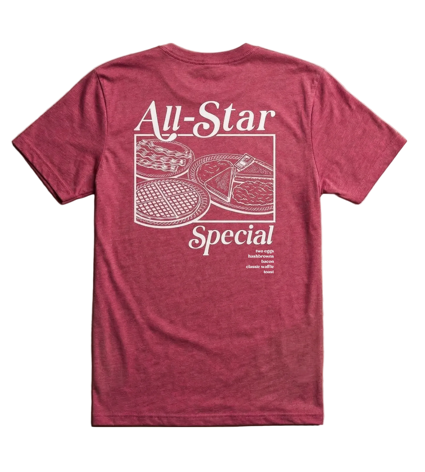 A red T-shirt with a large white graphic on the back reading “All-Star Special” above an illustration of a waffle, eggs, bacon, hashbrowns, and toast.