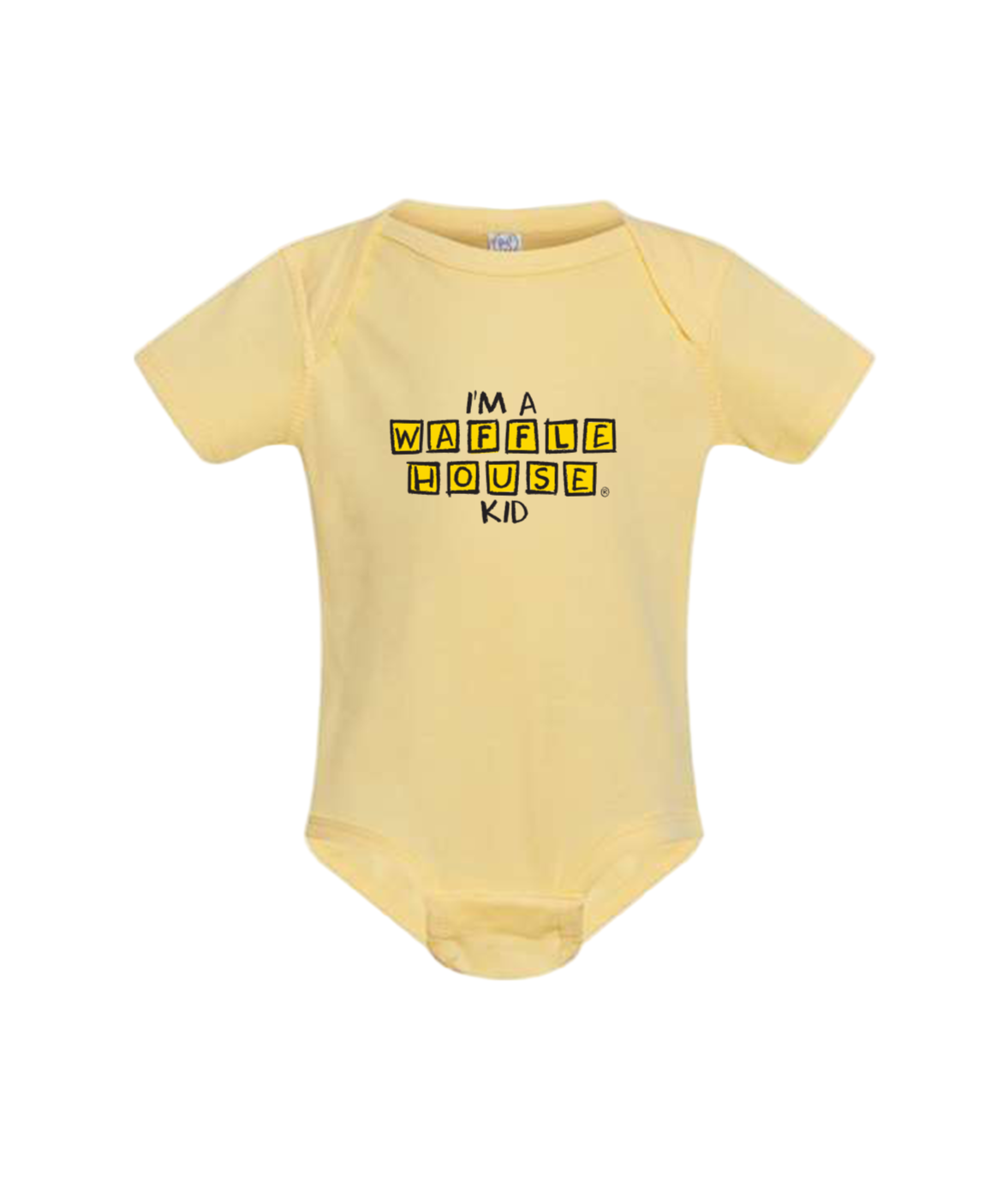 Banana colored baby onesie with I am a waffle house kid text