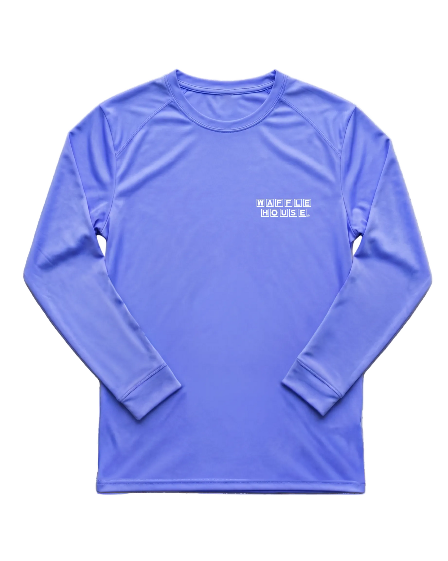 Bimini blue long sleeve performance t-shirt with small white Waffle House logo on left chest, raglan sleeves