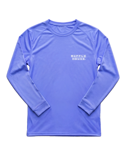 Bimini blue long sleeve performance t-shirt with small white Waffle House logo on left chest, raglan sleeves