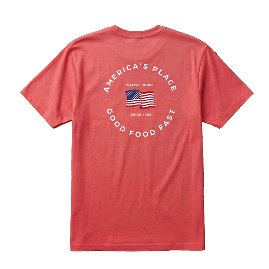 Back of brick red Waffle House t-shirt with circular "America's Place – Good Food Fast – Since 1955" flag graphic