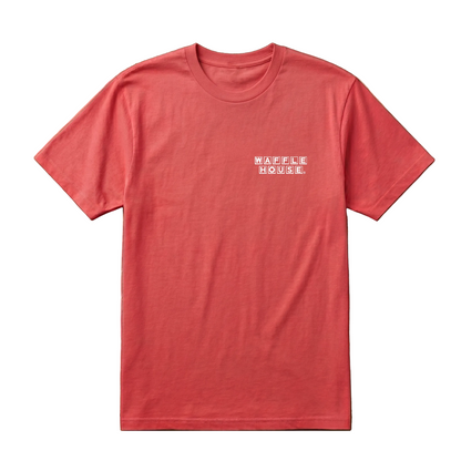 Brick red garment-washed short sleeve t-shirt with small white Waffle House logo on left chest