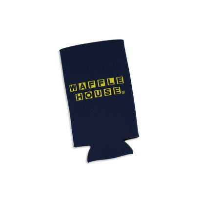 Waffle House navy skinny can cooler laying flat on white background