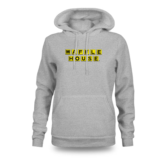 Grey Hoodie with yellow and black waffle house logo across the front