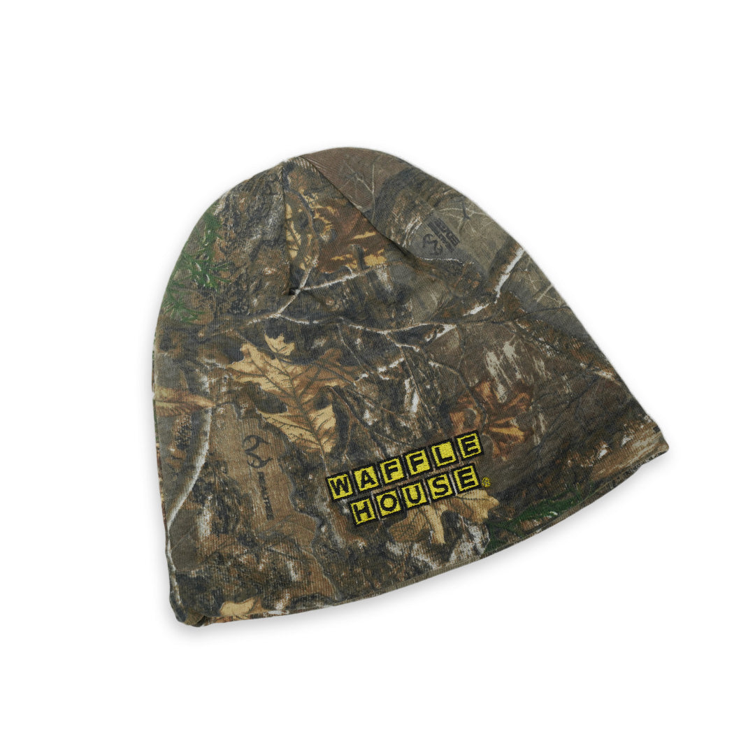 Camo beanie with yellow and black Waffle House logo