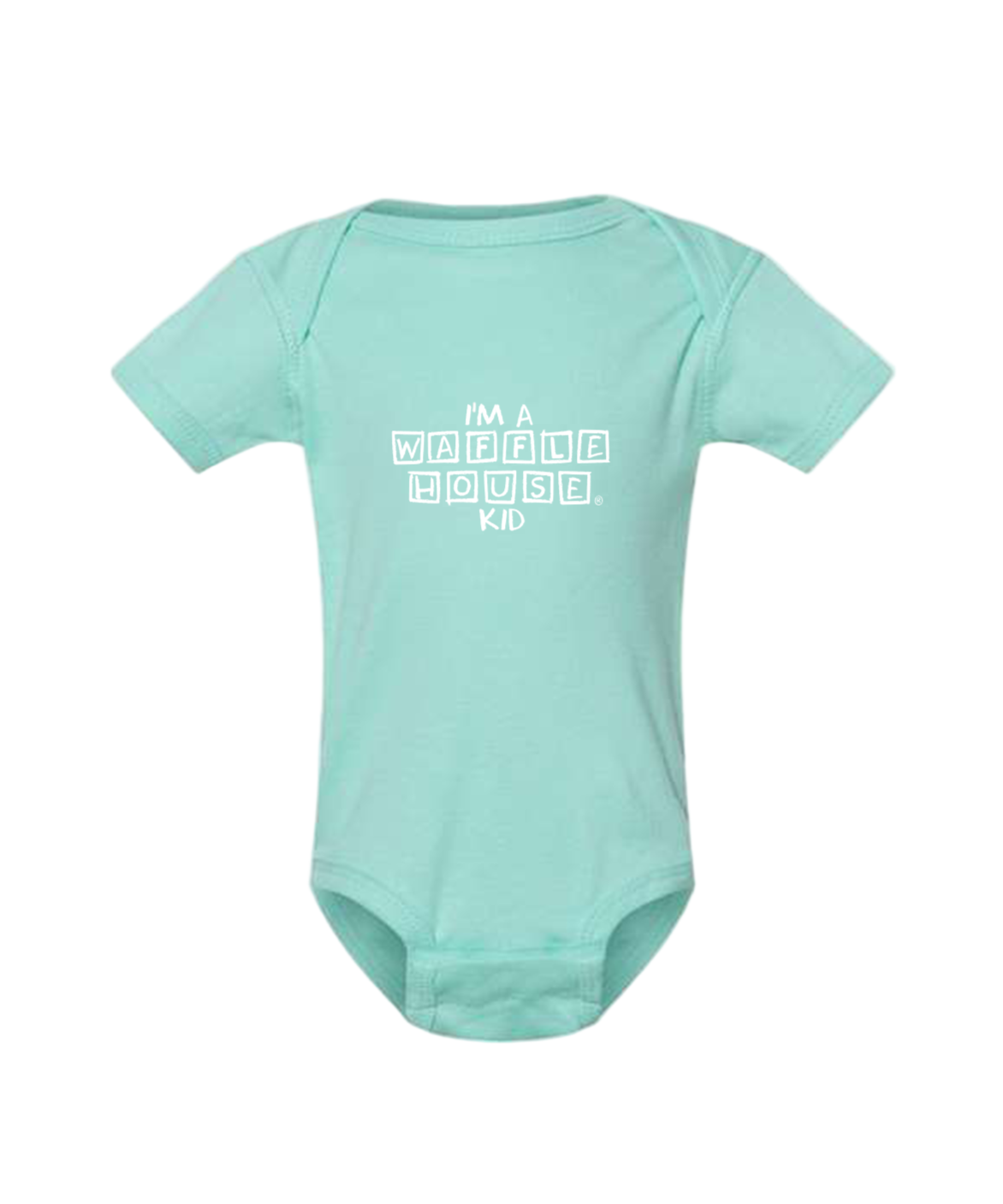 Chill colored baby onesie with I am a waffle house kid text