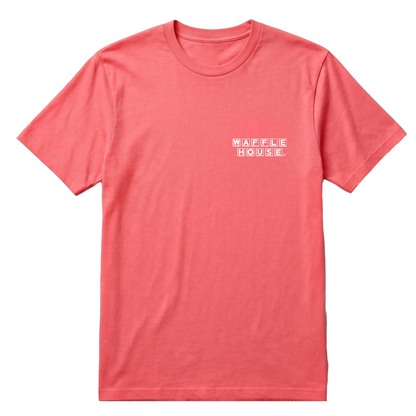 Coral garment-washed short sleeve t-shirt with small white Waffle House logo on left chest