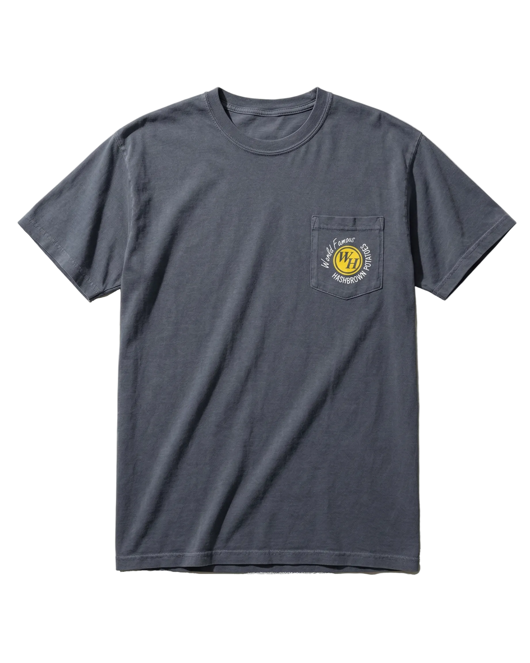 A dark gray pocket T-shirt with a small Waffle House hashbrowns logo printed on the chest pocket.