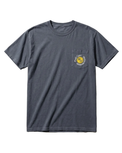 A dark gray pocket T-shirt with a small Waffle House hashbrowns logo printed on the chest pocket.
