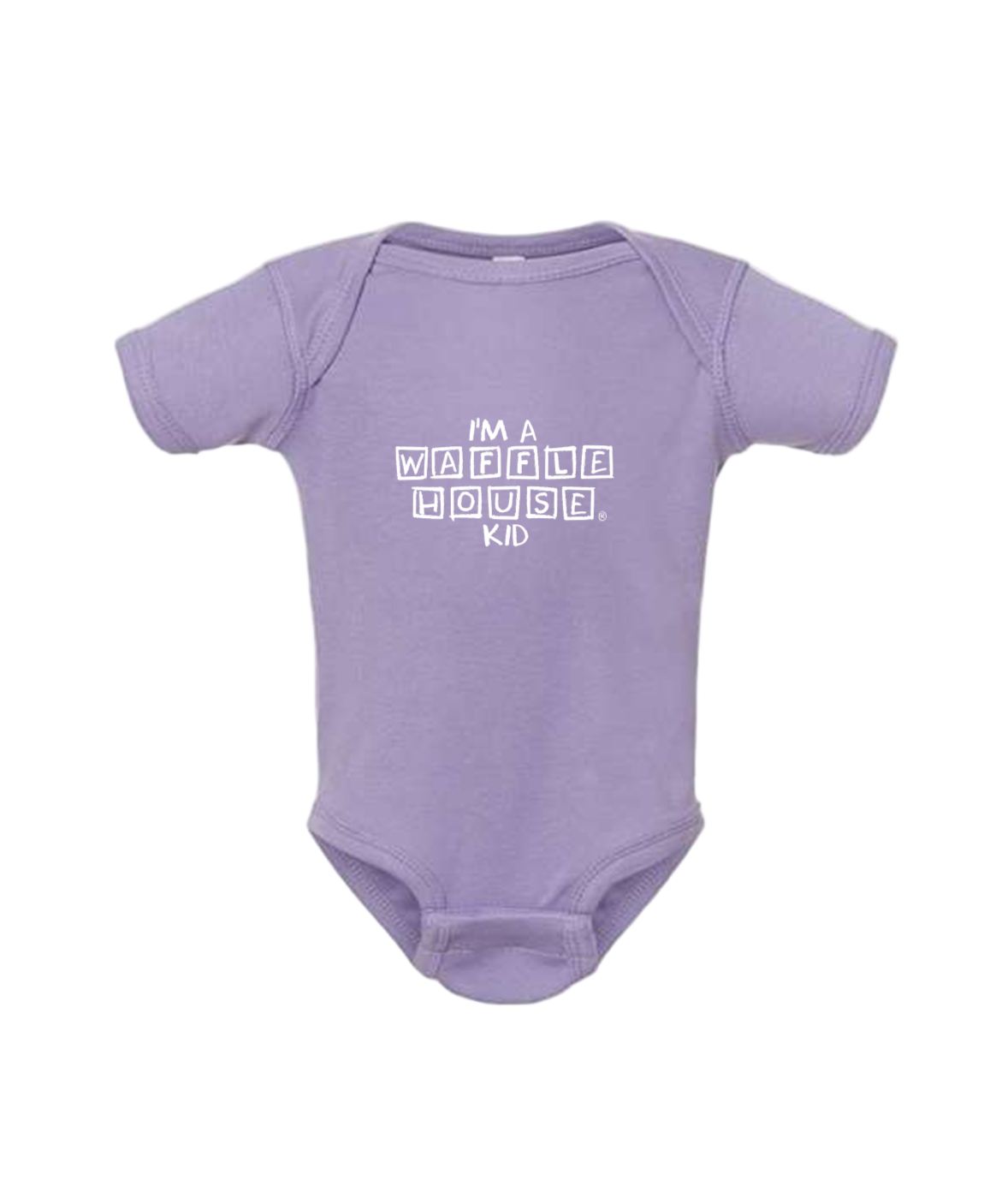 Lavender colored baby onesie with I am a waffle house kid text