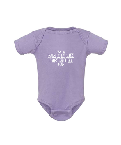 Lavender colored baby onesie with I am a waffle house kid text