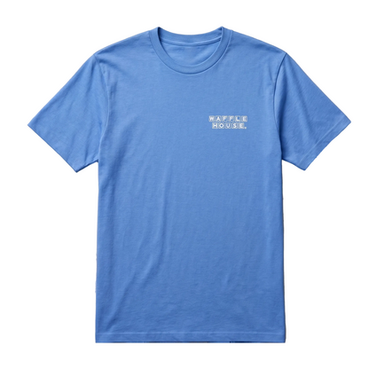 Marine blue garment-washed short sleeve t-shirt with small white Waffle House logo on left chest