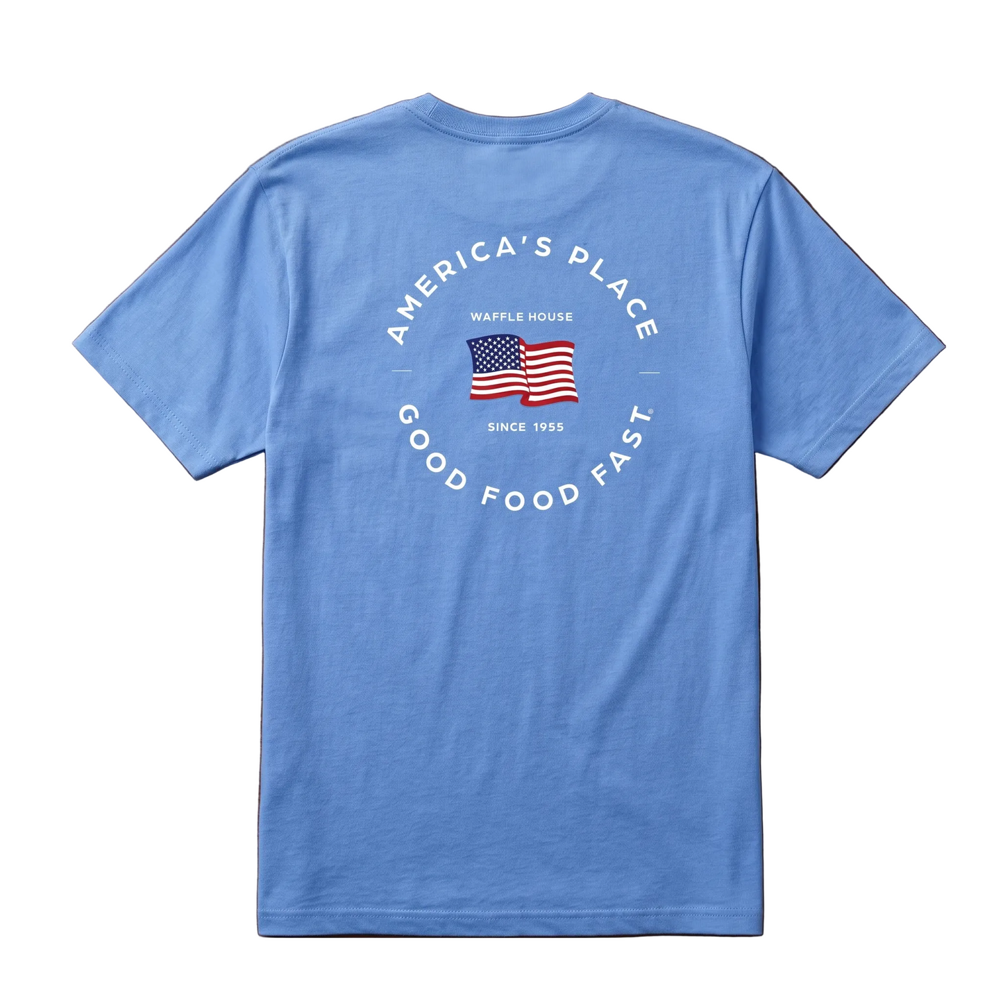 Back of marine blue Waffle House t-shirt with circular "America's Place – Good Food Fast – Since 1955" flag graphic