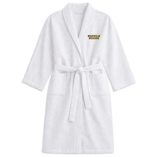 A white, knee-length robe with a tie belt, two front pockets, and a small Waffle House logo on the chest