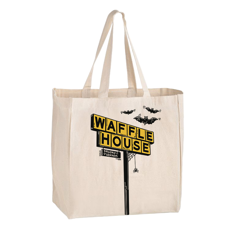 Beige canvas tote bag featuring a Halloween-themed Waffle House sign graphic with bats flying above and a spider hanging from the sign, along with the text 'Spooky Season' at the bottom.