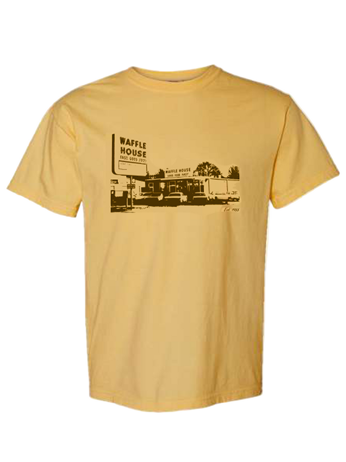 Waffle house under the yellow sign shirt in mustard