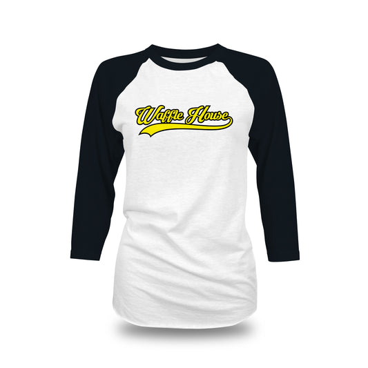 white body and black sleeve baseball tshirt with yellow Waffle House logo