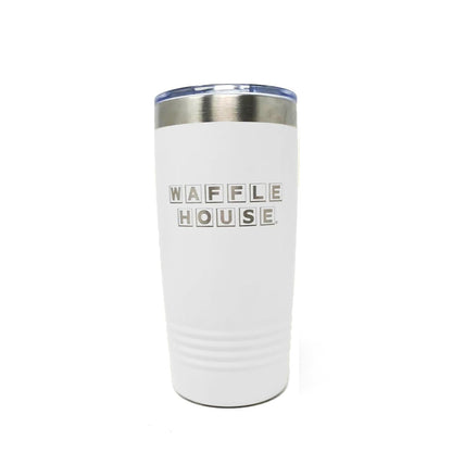White tumbler with 'Waffle House' text engraved in silver