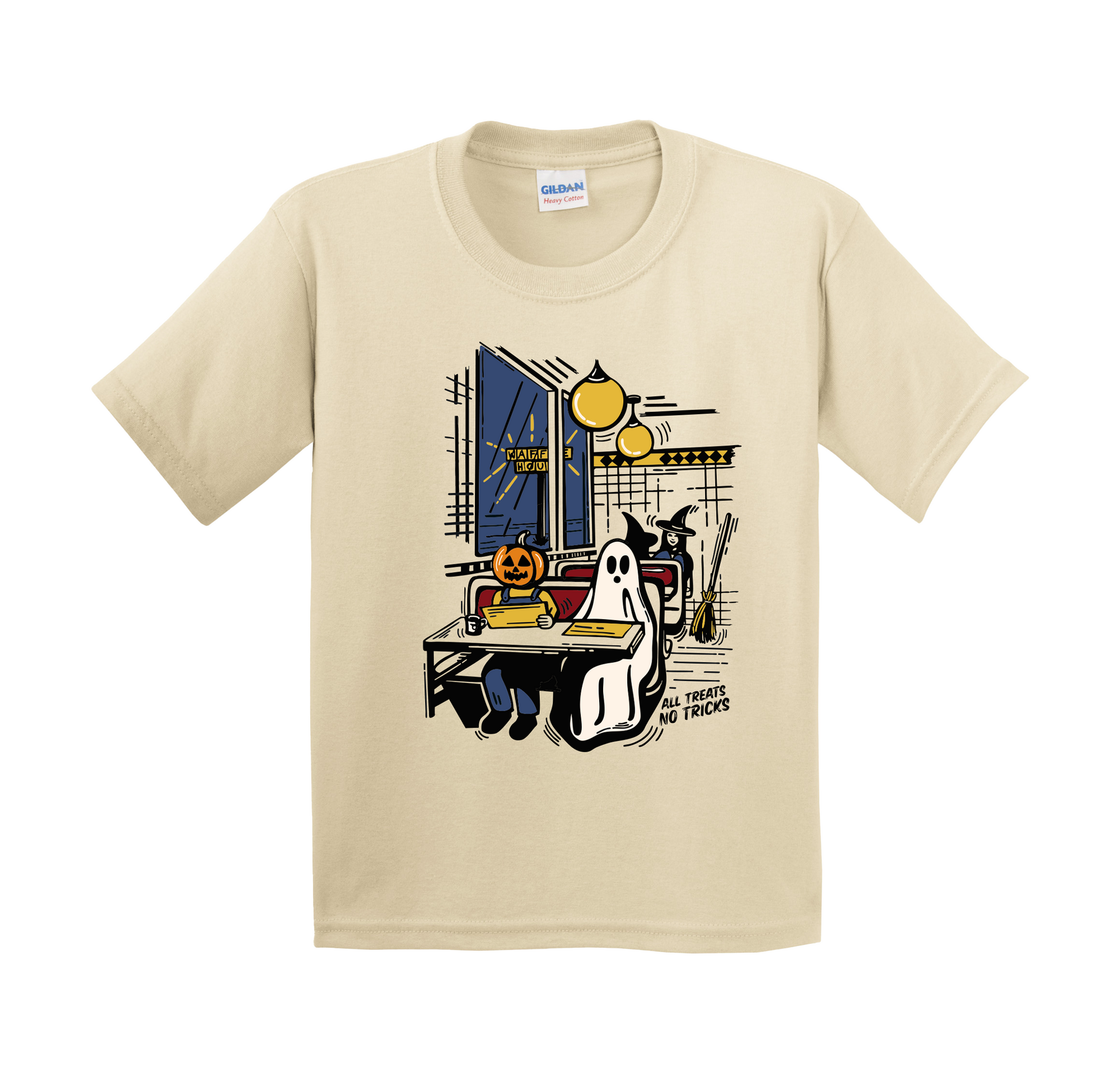 A beige youth t-shirt with a cartoon Halloween waffle house scene. A pumpkin-headed character and a ghost sit together in a booth, reading menus. A witch stands nearby with her broom. The words ‘All Treats No Tricks’ are printed at the bottom.