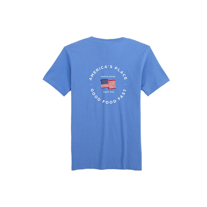 Back of marine blue youth Waffle House t-shirt with circular "America's Place – Waffle House – Since 1955 – Good Food Fast" graphic