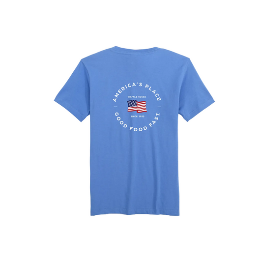 Back of marine blue youth Waffle House t-shirt with circular "America's Place – Waffle House – Since 1955 – Good Food Fast" graphic