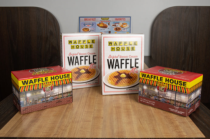 Two packs of waffles and Waffle House-branded coffee pods
