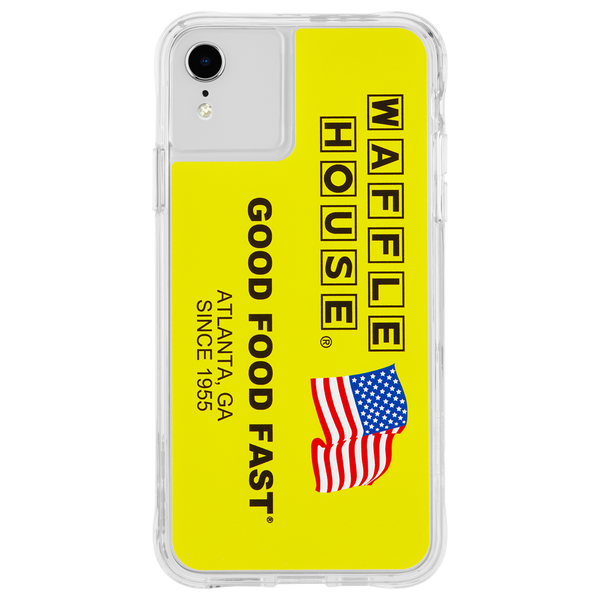 Yellow phone case with black Waffle House logo and American flag with “Good Food Fast” slogan printed in black along with “Atlanta, GA since 1955”.