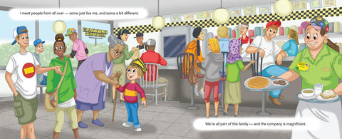Illustration from A Waffle Can Save the World of several people enjoying community and meals inside Waffle House.