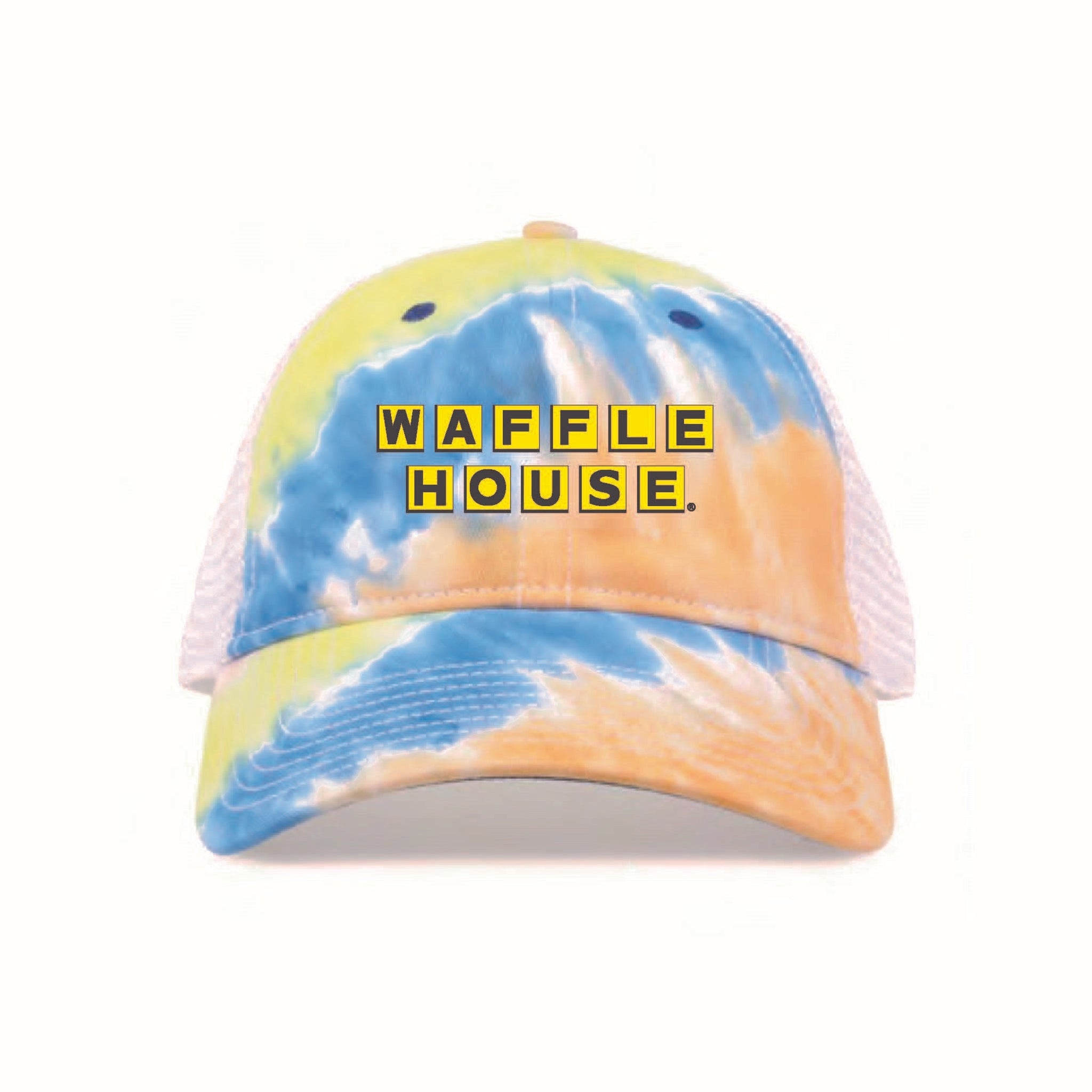 Pastel Tie-Dye trucker cap with white mesh back and Waffle House logo